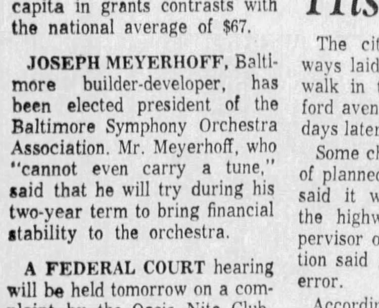 A July 25, 1965, post in the Baltimore Sun announces Joseph Meyerhoff’s initial two-year appointment.